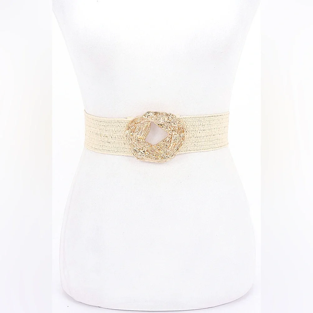 Gold & Tan Woven Straw Statement Belt